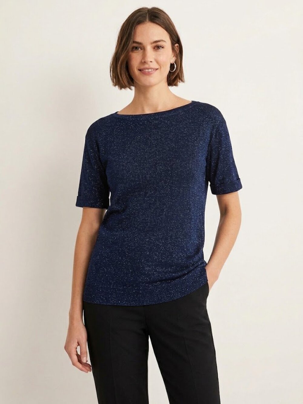 Ann Taylor Metallic Sparkle Rolled Short-Sleeve Sweater in Black and Blue